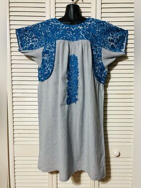 Sister Mary LG Embroidered Blue pinstripe Dress